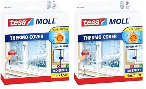 Tesa Moll Thermo Cover Window Pellicola Isolante per Finestre - Isolante Termico Trasparente per le Finestre - Include Nastro Biadesivo per Una Facile Installazione - 4 m x 1.5 m (Confezione da 2)