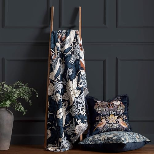 Morris & Co. Strawberry Thief Throw – Embroidered Bird & Floral Jacquard Blanket (Indigo - 130x170cm)