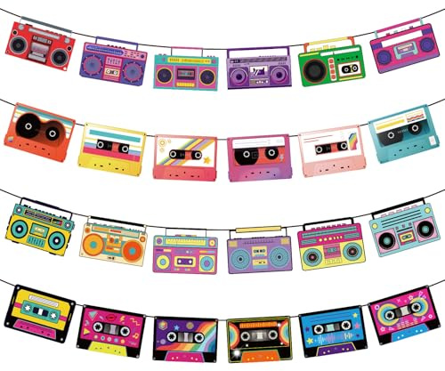 4stk Kassettenband-Banner, Langlebige Banner mit Radiokassetten Muster Lustige 80er Jahre Retro Partydekorationen Geeignet für Hip Hop Musik Partydekorationszubehör