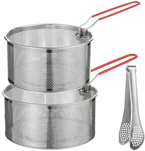 Skdqiee 3 Pcs Stainless Steel Pasta Strainer Set with Food Clip, Include 7 in & 6.2 in Deep Fryer Basket, Removable Handle Strainer for Washing Draining Deep-frying Boiling Steaming