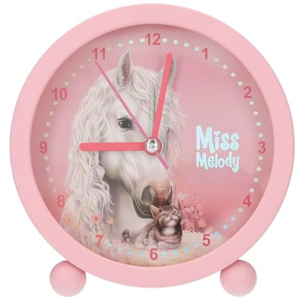 Depesche 14088 Miss Melody - Wecker in Rosa für Kinder, mit Pferde-Motiv und Kätzchen, lautlose Uhr mit Licht-Funktion