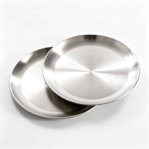 AHMistool 4 piatti piani in acciaio inox, 17 cm, rotondi, leggeri e in acciaio inox, per barbecue, picnic, feste, campeggio, lavabili in lavastoviglie e sani (23 cm)