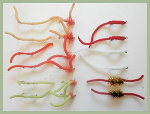 Wurm Angeln Fliegen, 18 squirmy Design & Quietschendes Wurm Forelle Fliegen, Größe 10. Fly Angeln