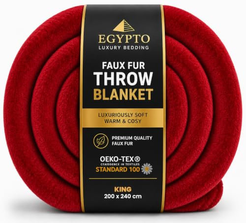 EGYPTO Fleece Blanket Faux Fur Throw for Bed & Sofa – Luxury Extra Soft Fur Brush Fabric – Warm & Cosy Red Throw Blanket – Versatile Outdoor Blanket Faux Fur Bed Throw King Size (200cm x 240cm, Red)