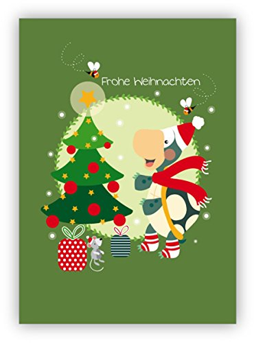 Kartenkaufrausch 1 Süße grüne Weihnachtskarte mit Schildkröte vor Weihnachtsbaum: Frohe Weihnachten • als hübsche Grußkarte zu Weihnachten, Jahres-Ende für Familie und Firma
