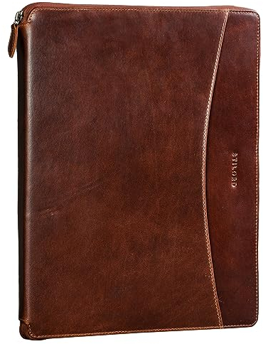 STILORD 'Dexter' Cartelle A4 in Pelle Borsa per Tablet Custodia Rigida per un MacBook da 13,3 pollici con Cerniera Zip Portadocumenti vintage, Colore:conciata al vegetale marrone scuro