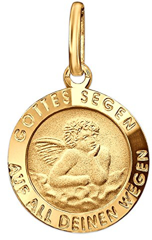CLEVER SCHMUCK Goldener Mini Engel Anhänger Ø 10 mm Schutzengel Gottes Segen auf all deinen Wegen 333 Gold 8 Karat für Kinder Damen im Schmucketui