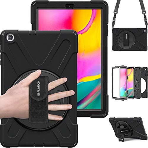 BRAECN Case for Samsung Galaxy Tab A 10.1 2019 SM-T510/T515, Rugged Shockproof Dropproof Cover with Rotating Hand Strap/Kickstand and Carrying Shoulder Strap for Galaxy Tab A 10.1 inch 2019 - Black