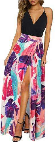 Newshows Femmes Eté Profond Décolleté en V Loisirs Robe Spaghetti Imprimé Fleur Split Maxi pour la fête de Plage(Floral 04,L)