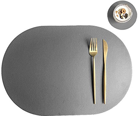 Oval Tischsets Abwischbar, Leder Kunstleder Platzset Zweifarbig Wasserdicht Platzdecken mit Untersetzer ür Hause Küche Restaurant (Dunkelgrau/Beige,6 Stück)