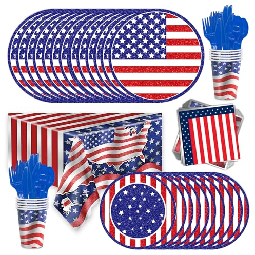 Juego de 65 piezas de fiesta de Estados Unidos para 16 invitados, Estados Unidos, 4 de julio, juego de vajilla para fiesta americana, platos de la bandera americana (3)