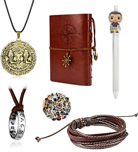 UoYu YouU 30 Stück Leder Schreiben Tagebuch Notebook Uncharted 4 Ringe Halskette Handmade Leder Armband Drake graviert Totenkopf Goldmünzen Halskette Film Aufkleber