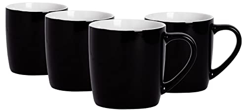 Argon Tableware Coloured Coffee Mugs - Black - 350ml - Pack of 4 - Gloss Ceramic Stoneware Tea Mugs Latte Cappuccino Cups Hot Chocolate Cups Colourful Mug Set with Handle