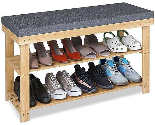 SMIBUY Schuhbank, Bambus Schuhablage mit Kissen, Schuhschrank mit Bank, Schuhablage mit 3 Fächern, Stabiles Standregal ideal für Eingangsbereich, Bad, Wohnzimmer, Flur, natürlich