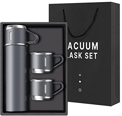 Coffee Thermosflasche aus Edelstahl, vakuumisolierte Wasserflasche, 500 ml, isolierte Flasche mit Becher für heiße und kalte Getränke, Reisebecher (grau, drei Tassen)