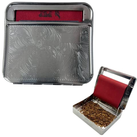 Glamified - Automatic Rolling Tin Cigarette Machine Portable Metal Box for Rolling Tobacco, Smoking Roller and Storage Case (Silver)