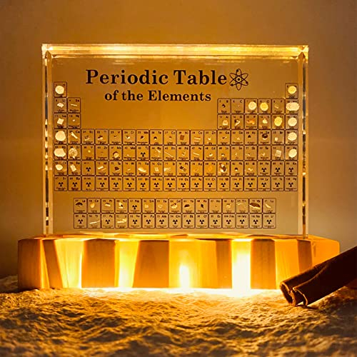 SJASD Periodensystem der Elemente,Periodensystem mit echten Elementen im Inneren,Periodensystem Anzeige mit LED Bernsteinbasis,Periodic Table aus Acryl,für Schüler Lehrer Handwerk Dekor Chemie Tool