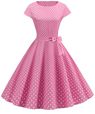 YMING Femmes Jupe Cocktail Pois Vintage Robe À Manches Courtes Robe De Soirée avec Ceinture Rose Pâle M