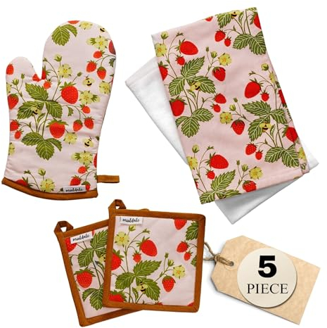 Muldale Oven Glove and Tea Towel Set 5 Pack - Somerset Strawberry Tea Towels and Pot Holders - Cute Strawberry Kitchen Decor - Soft and Absorbent - Kitchen Mittens