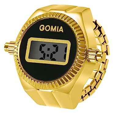 JewelryWe Ringuhr Fingeruhr Damen Digitaluhr - Gold Runde Digital Elastisch Edelstahl Ring Uhr Frauen Fingerringuhr Uhrenring mit Kalender, Stoppuhr und Schwarz Zifferblatt