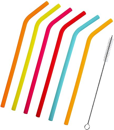 6 Pcs Party Drinking Straws Bent Silicone Reusable Drinking Straws Big Straws with Cleaning Brushes for Smoothie Milkshake Cocktail and Hot Drinks