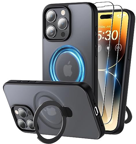 Niunisi Magnetic for iPhone 15 Pro Case with Stand, Invisible Ring Holder with Screen Protector Compatible with MagSafe Slim Frosted Matte Phone Case Cover 6.1-Inch (2023), Black