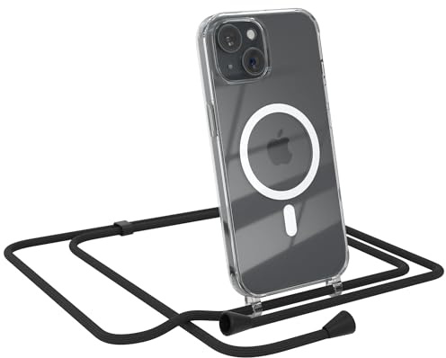 EAZY CASE - Handykette kompatibel mit iPhone 15 Kette zum Umhängen Stoßfest Handyhülle für iPhone 15 Silikon Hülle mit Band Handytasche Transparent als Fallschutz in Schwarz - Clips Schwarz