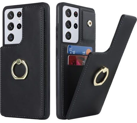 SailorTech für Samsung Galaxy S21 Ultra Handyhülle mit Kreditkartenhalter für Frauen, Samsung S21 Ultra Hülle Ring-Ständer Kartenschlitze Standfunktion Modische Tasche für Männer - Schwarz