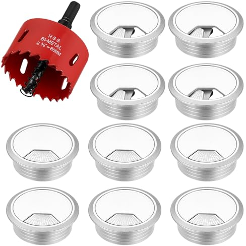 10-Pack Cable Grommet Desk, 60mm Plastic Cable Cover with 1 x Hole Saw, Round Table Grommet for Office Worktops (silver)