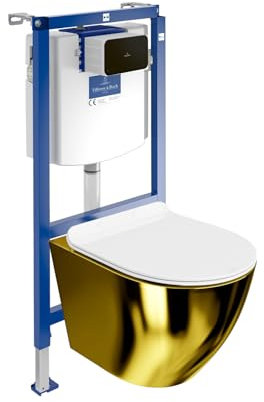 Villeroy & Boch ViConnect H112 Vorwandelement Unterputz WC mit Bedienplatte + Wand Hänge Tiefspül WC Sofi Slim Gold/White Spülrandlos Komplettset Unterputz Spülkasten Toilette Komplett Sett WC