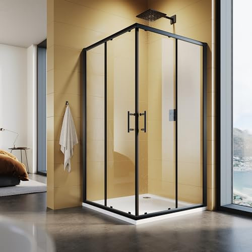 SUNXURY Duschkabine 120x120x195cm Eckeinstieg mit Doppel Schiebetüren Schwarz Rahmen 5 mm Sicherheitsglas (ESG) Klar Montage auf Duschwanne oder Fliese