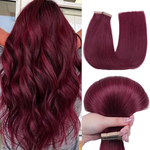 HotLulana Tape Extensions Echthaar Rot(#99J) Extensions Echthaar 24zoll/60cm 50g Invisible 100% Natürliche Tape in Extensions Echthaar 20pcs Skin Weft Extensions Echthaar Tape.