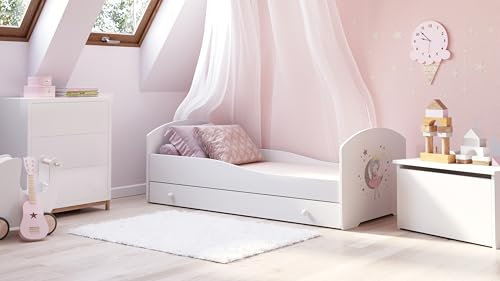 KOBI LUK Kinderbett mit Schublade, weiß | für Kinderzimmer | für einen Jungen und EIN Mädchen | Schublade, Matratze, Rahmen inklusive | (Schlafende Prinzessin, 160x80)