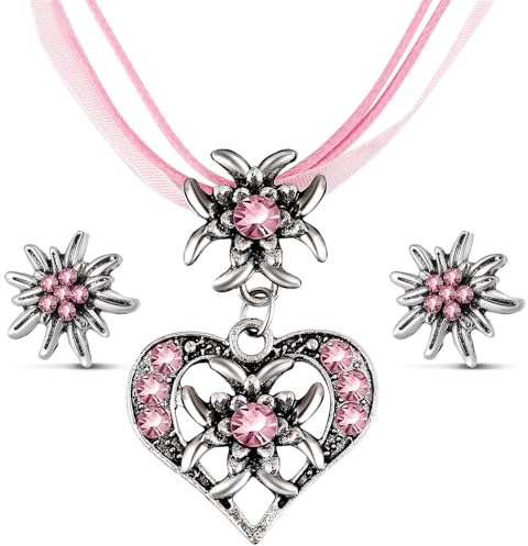 NVTRSD 3 Stück Trachtenschmuck Damen Oktoberfest Accessoires Dirndl Kette, Trachtenschmuck Damen Set Trachtenkette Damen Oktoberfest Damen, Schmuck Zubehör Für Dirndl Und Lederhose Damen(Rosa)