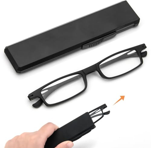 MMOWW Ultra thin Reading Glasses TR90 Compact Portable Stretchable case | Lightweight, Blue Light Blocking, Slim Flat Case Black