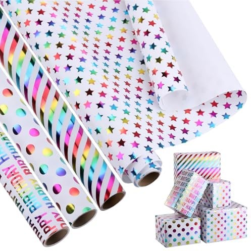 JIANTA Geburtstags-Geschenkpapierrolle, 4 Rollen, 43 cm x 3 m, Regenbogen-Geschenkpapier, bunte Folie, Geburtstagsdesign für Party, Urlaub, Babyparty