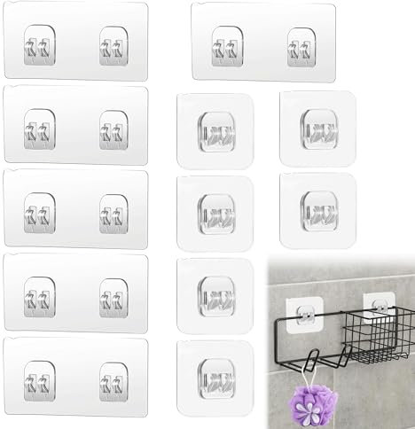 MEKEET 12PCS Shower Caddy Adhesive Hooks Replacement Transparent Waterproof Strong Stickers Shower Caddy Adhesive Pad No Drilling Corner Hooks for Bathroom Shower Shelf Basket Soap Dish Hanging Hooks