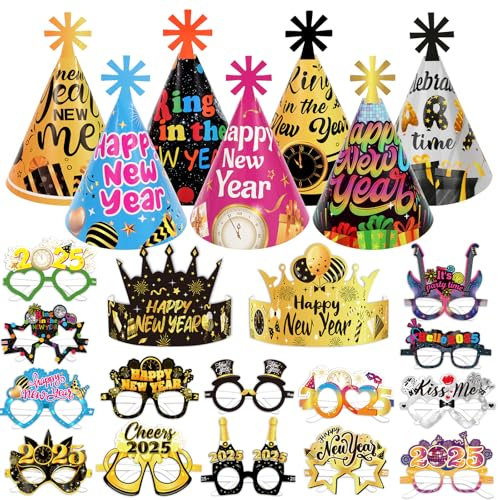 DPKOW 23Stk Mehrfarbig 2025 Silvester Papier Brillen Hüte, Neujahr Partybrillen Kegel Kronen Hüte für 2025 Silvester Foto Requisiten Accessoires, 2025 Neujahr Partyhüte Kopfbedeckung
