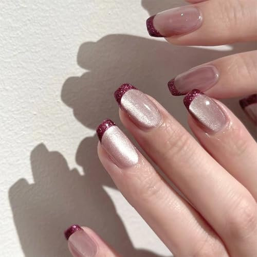 NICENEEDED 24Pcs Cat Eye Press on Nails, French Tip False Nails Black Glitter Fake Nails Reusable Artificial Nails, Full Cover Acrylic Nail for Women DIY Manicure Nail Art Halloween