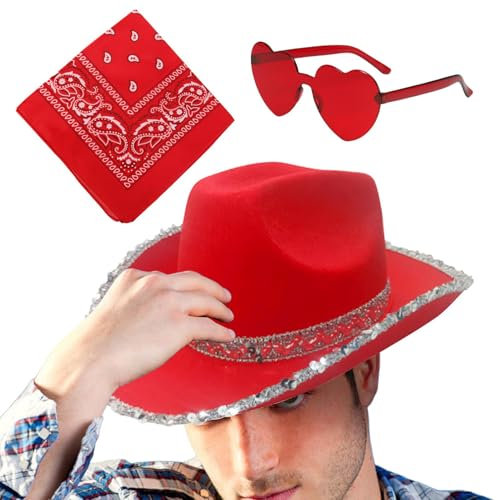 Weihnachtsmannhut, Cowgirl-Hut für Weihnachten, Partyhüte mit Westernhut | 3 x Weihnachtsfeierhut mit Bandana und Herzbrille, Cowgirl-Hut für Partys,