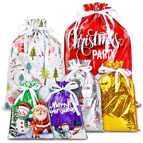 volumoon Geschenktüten Weihnachten, 18 Stück Weihnachten Süßigkeiten Tüten, Weihnachts-Kordelzugbeutel, Weihnachtstüte im 4 Design Verschiedene Große, Taschen Mitgebsel Beutel Kekstüten Geschenktüte