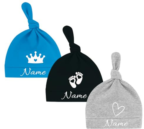 Ahoiikids Personalisierte Baby Mütze aus Baumwolle – Knoten Beanie mit Namen unf Motiv – Für Neugeborene (DE/NL/SE/PL, Alter, 0 Monate, 6 Monate, Baby, 3 Set Blau,Schwarz und Grau)