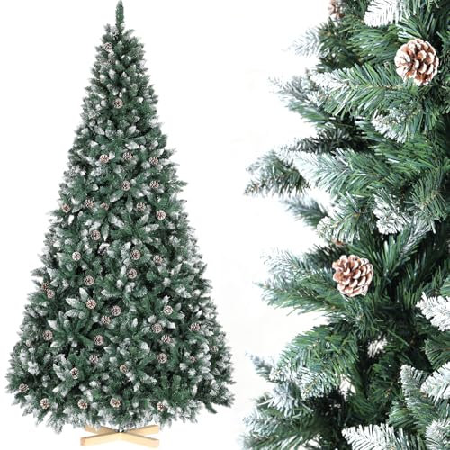 180cm Künstlicher Weihnachtsbaum mit Schnee-Effekt, Nordmanntanne Premium, Tannenbaum Künstlich mit Handgefertigtem Holzständer, Schnee & 32 Tannenzapfen & 1092 Spitzen, Einfach zu Montieren