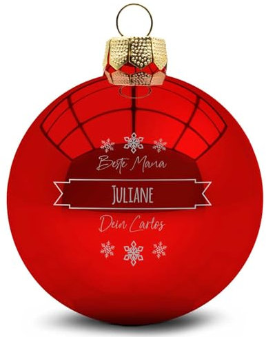 GRAVURZEILE Weihnachtskugel mit Gravur - Dein Wunschtext in 3 Zeilen - Personalisiert mit eigenem Text - Festliche Christbaumkugel für Paare als Weihnachtsdeko - Farbe: Rot Glänzend - Größe: 8 cm