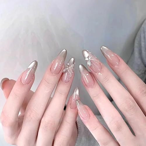24STK Press on Nails Lang Mandelform French Nails Katzenaugen Nägel Fingernägel zum Aufkleben 3D Schmetterling Künstliche Nägel Fake Nails Klebe Nägel Set Acrylnagelspitzen Damen Nagel Zubehör