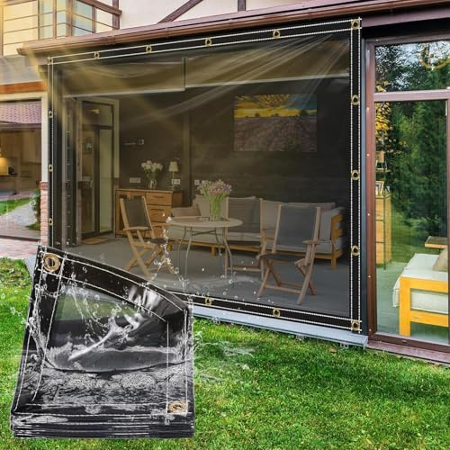 OKYUK Black Clear Tarpaulin Waterproof Heavy Duty, Sunshade Waterproof Clear PVC Tarp, Protects UV, Tear, Hot Cold Weather, for Garden Patio Gazebo, Canopy Outdoor, With 10m Ties (3m x 4m)