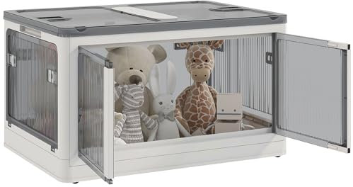 HOMCOM Boîte de rangement pliable et empilable 69L en plastique, caisse rangement cube avec couvercle et 4 roulettes, accès à 5 côtés, pour jouets et livres, blanc