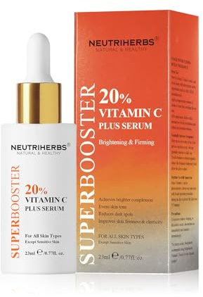 Neutriherbs Vitamin C Gesichtsserum 20% – Ebenmäßiger Hautton 23ml | Antioxidative Pflege für Strahlenden Teint – Hilft Müde Wirkende Haut zu Verbessern und Sorgt für ein Glattes Hautgefühl