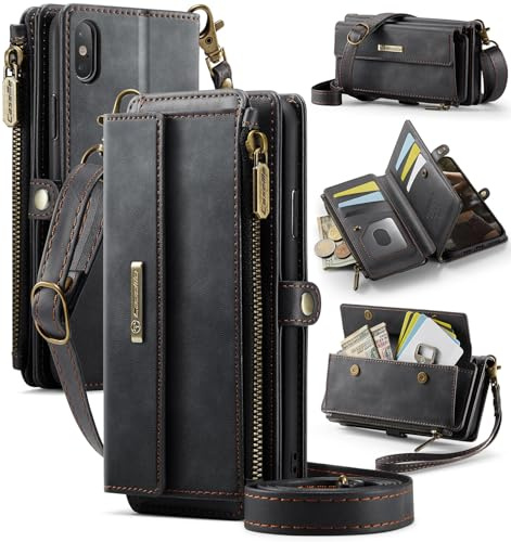 UFinetech Handyhülle für iPhone XS Max - Wallet Case aus PU-Leder mit RFID-Schutz - Crossbody-Geldbörse für Damen mit Kartenfächern, Schultergurt und Standfunktion, Schwarz