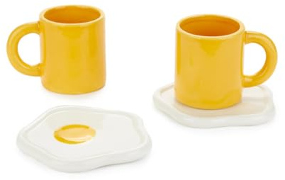 Balvi Set tazas café Sunny Side Up Dos tazas con platos en forma de huevo frito Cerámica